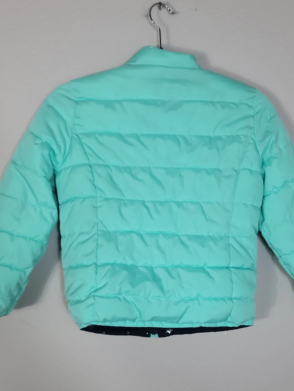 Gap Girls Reversible Puffer Jacket Size Medium 8 Navy Stars Teal Winter Kids